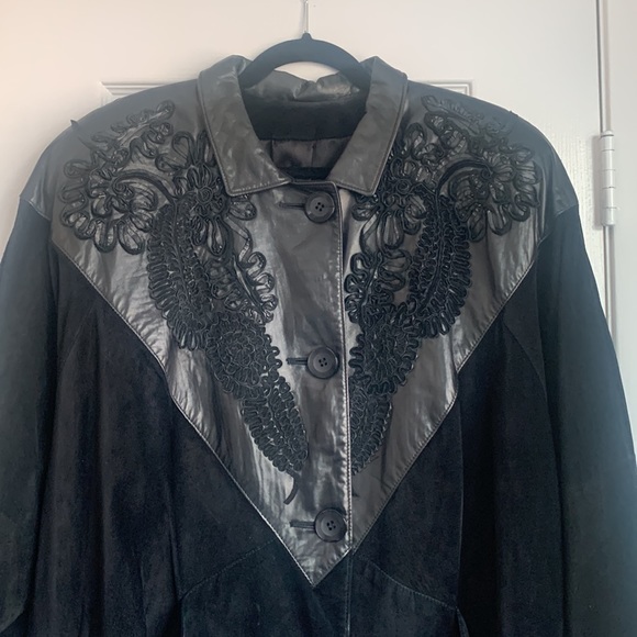 Vintage Black Suede and Leather Full Length Coat Leather Ribbon Detail - Picture 5 of 14